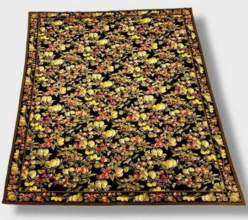 French Needlepoint Hand-Woven Room Size Wool Rug,  9' x 11': Vintage Needlepoint Hand-Woven Wool Rug. Embroidered with rambling vines and various hanging fruits. Dimensions: 9 x 11 feet. Condition: good original pre-owned estate condition, no repairs noted, str
