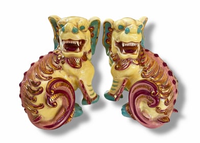 Pair Of Large Vintage Hand Painted Porcelain Foo Dogs