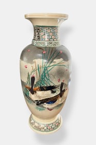 Chinese Painted Porcelain Vase DUCKS IN FLIGHT, Signed 18"