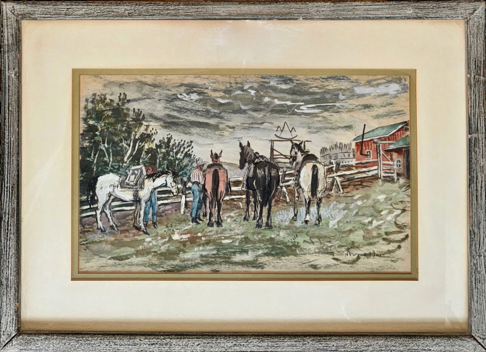 Howard Baer (American, 1907-1986) Landscape With Horses, 1950s: Mid-Century American landscape watercolor, signed by the artist, Howard Baer (lower right). Watercolor and ink on paper. Framed and matted under glass. Dimensions: framed: 14 x 19 1/2 inches., sight: