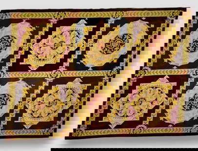European Hand-Knotted Needlepoint Room Size Wool Rug:   8 1/2' x 6': Vintage Needlepoint Hand-Knotted Panel Design Wool Rug. Classic medallion panels. Approximate dimensions: 8 1/2 x 6 feet. Condition: good original pre-owned estate condition, no repairs nor odor. Prov