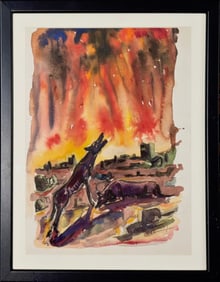 Mid-Century Landscape Painting, HOWLING WOLVES, Cunningham