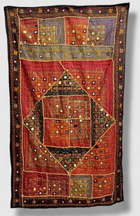 Kutch Banjara Hand Embroidered Textile Mirror Wall Hanging:   5'  x  3': Vintage embroidered wall hanging from Gujrat, India. Features geometric Banjara patterns and intricate mirror work embroidery. Traditional but abstract workmanship. Approximate dimensions: 60 x 36 inc