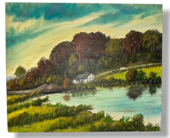 American Primitive Folk Art Landscape Painting, Signed M. Anton, 1960s