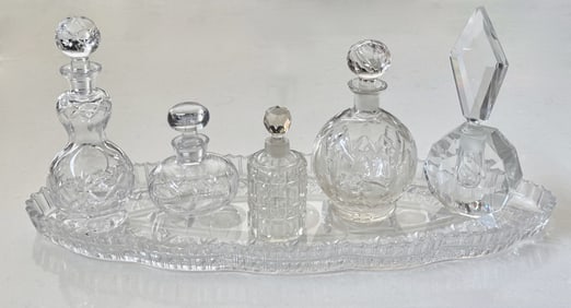 Estate Collection of Assorted Perfume Bottles, Crystal Descanters and Tray (6)