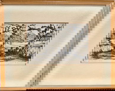 James Harrell (American, b. 1939) APRIL AFTERNOON LAKE FISHING: April Afternoon Fishing Landscape etching pencil signed, titled and edition numbered by the artist on lower margins. James Harrell. April Afternoon. Limited edition #26/100. Etching on cream wove pape
