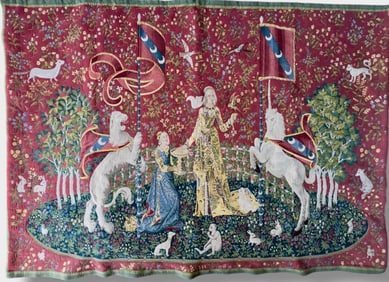 French Jacquard Woven Wall Tapestry, "Lady And The Unicorn"   4 1/2' x 5 1/2'