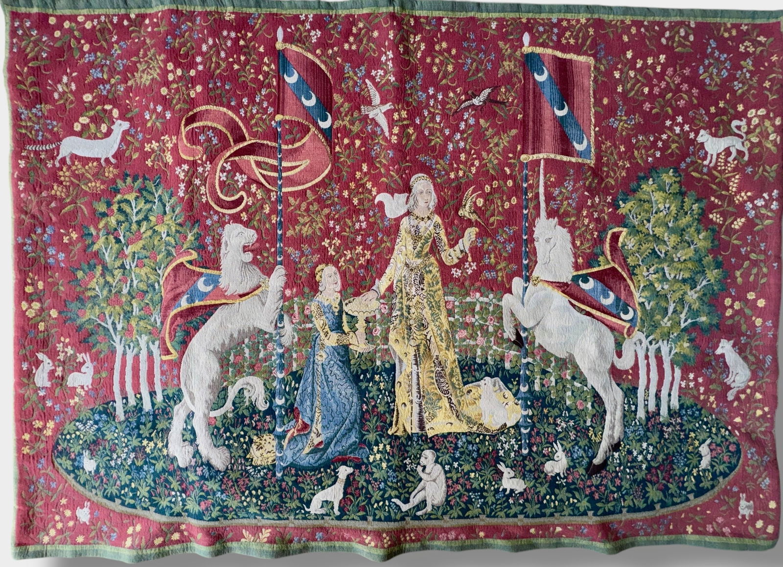 French Jacquard Woven Wall Tapestry, "Lady And The Unicorn"   4 1/2' x 5 1/2' (1 of 7)