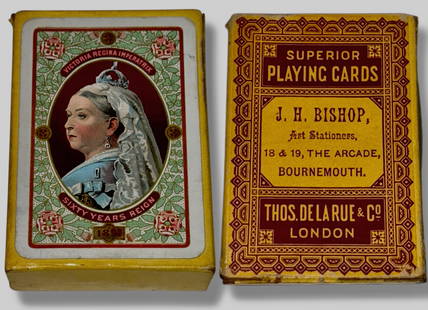 Queen Victoria Diamond Jubilee Playing  Cards W/ Box, 1897: Royal Memorabilia. Pack of De La Rue Playing Cards Commemorating The Diamond Jubilee of Queen Victoria, 1897. Complete box of 52 playing cards. Each card shows Queen Victoria's head wearing crown and