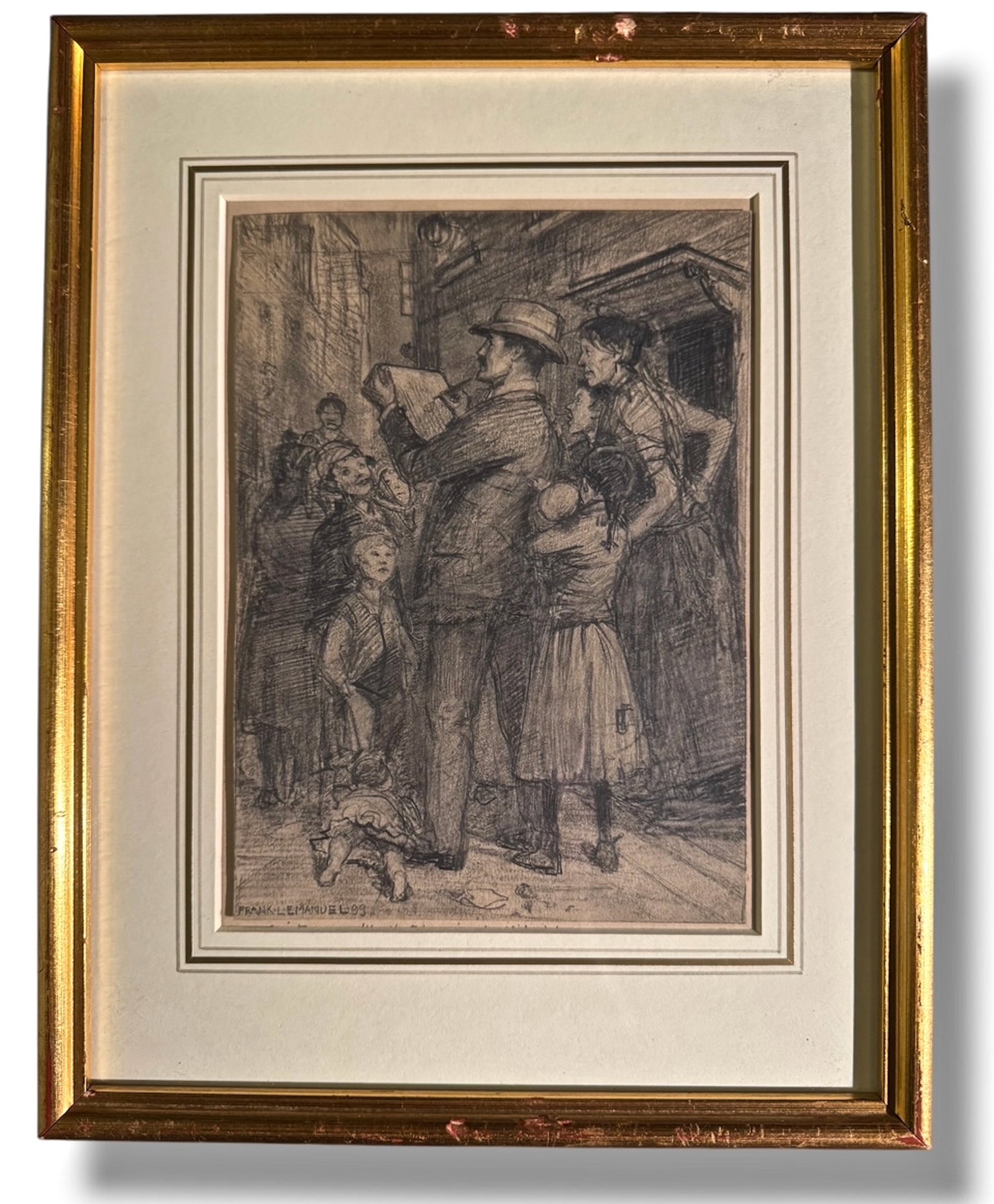 Frank Lewis Emanuel (United Kingdom, 1866-1948): 19th century urban drawing by the British artist, Frank Lewis Emanuel. Signed Frank L. Emanuel, 99 (lower left). *View additional paperwork on verso. Graphite drawing on paper. Framed and matted under