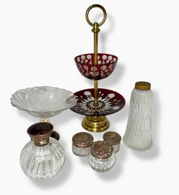 Antique Assortment of Sterling Vanity Sets, Cranberry Crystal Tray etc.