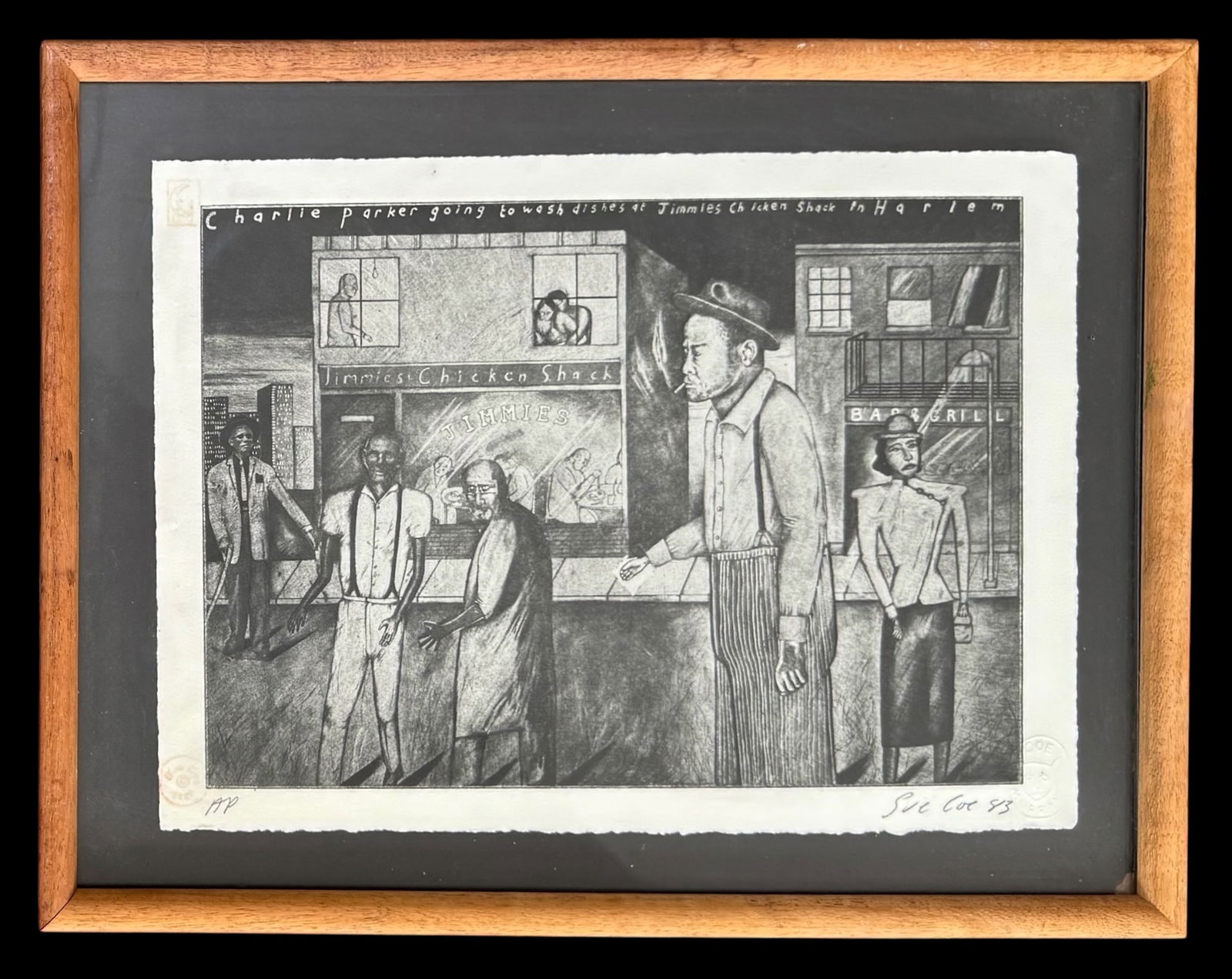 Sue Coe (British, b.1951) Charlie Parker At Jimmies Chicken Shack In Harlem, Signed 1984: Sue Coe (British, b. 1951). Charlie Parker At Jimmies Chicken Shack In Harlem, 1984. Artist Sue Coe, photo etching, hand-signed in pencil lower right SUE COE and pencil-signed AP (Artist Proof) lower