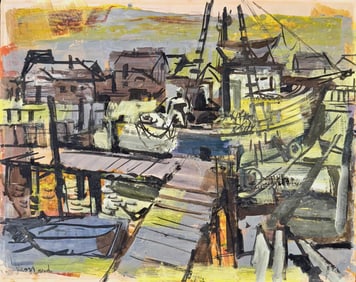 Mid-Century Modernist Abstract Urban Painting BOAT HARBOR, Signed Leonard