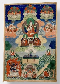 Antique Tibetan Thangka, With Lamas And Deities