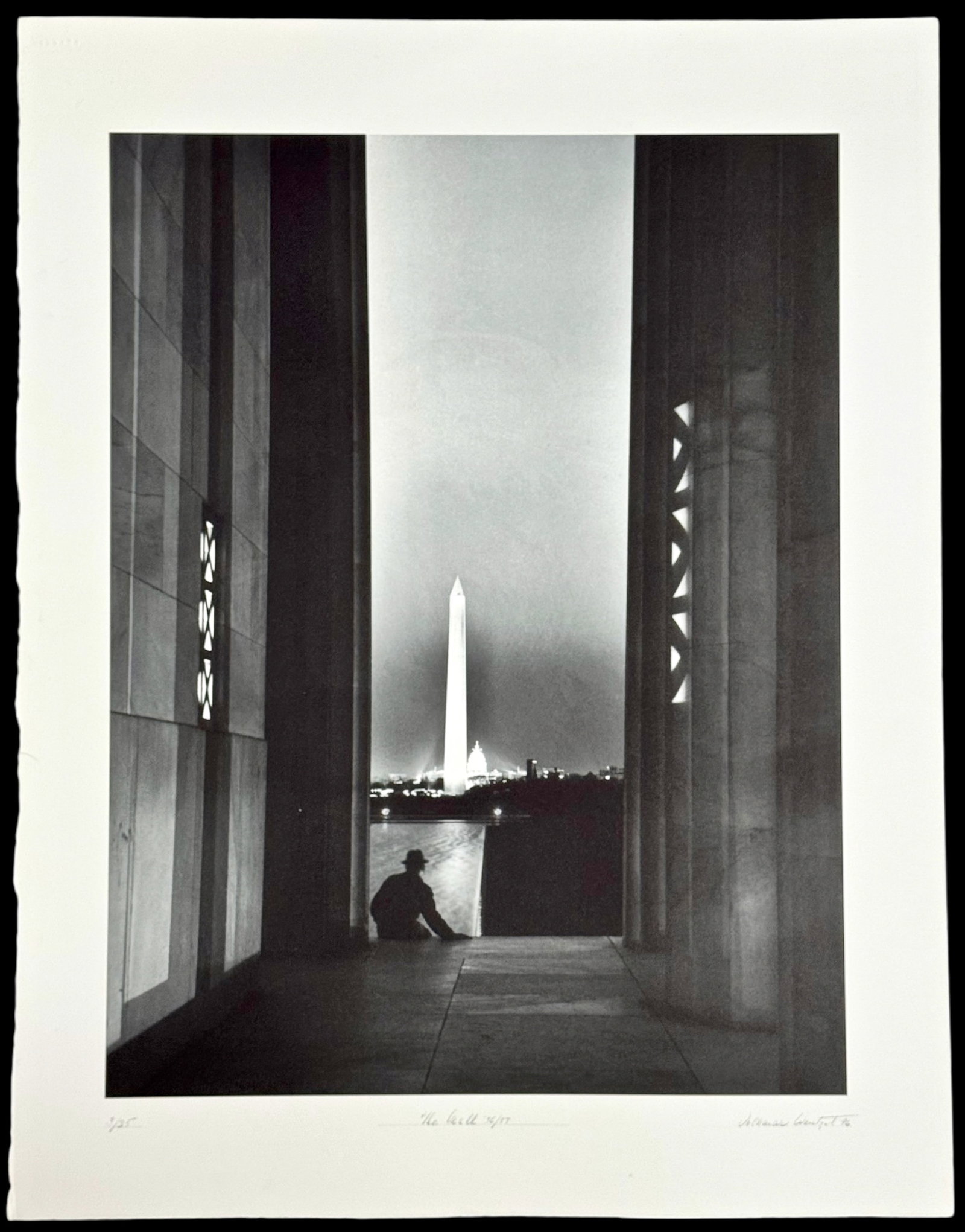 Volkmar Wentzell (German, American, 1915-2016) WASHINGTON BY NIGHT: "THE MALL". Photograph by Volkmar Kurt Wentzel. Classic view of Washington: the Capitol peeking out from behind the Washington Monument as viewed from between the columns of the Lincoln Memorial. Penc