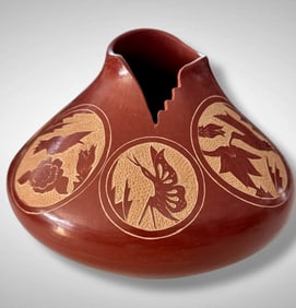 Vangie Tafoya Redware Polychrome Pottery With Hummingbird, Signed