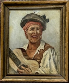 The Gypsy Guitarist, Oil Painting On Wood Panel c. 1930s
