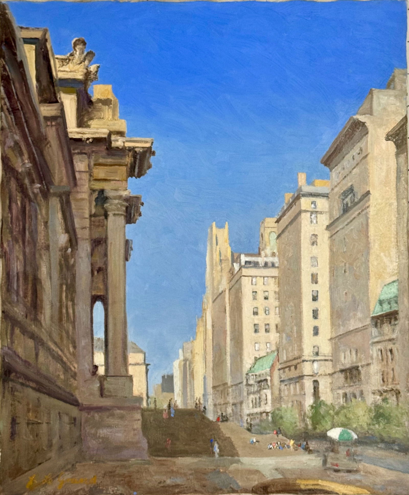 New York City Urban Painting "MUSEUM MILE" John LeGrand: John Legrand (American, 1921-2005). Mid-Century New York City Urban Painting by John LeGrand (signed lower left) Iconic views along the 5th Avenue Museum Mile, passing the Metropolitan Museum of Art a