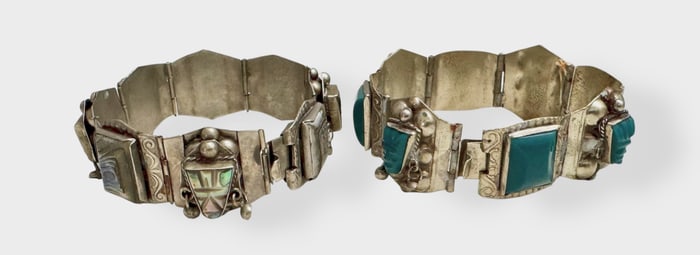 Vintage Mexican Sterling Carved Mayan Mask Panel Link Bracelets (2)