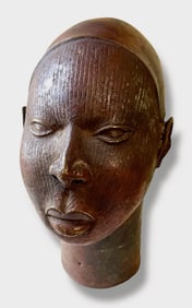 Benin Bronze Bust Sculpture, H: 16"