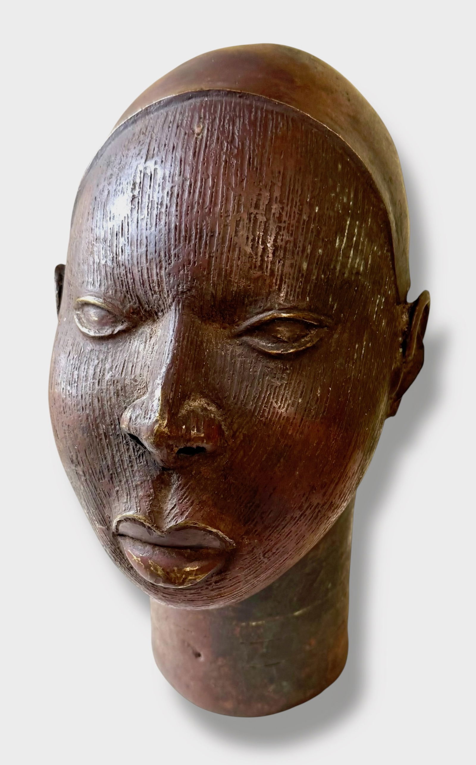 Benin Bronze Bust Sculpture, H: 16" (1 of 6)