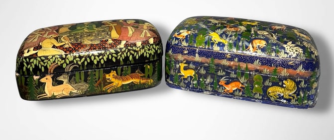 Persian Hand Painted Papier Mache Lidded Boxes c. 1920s (2)