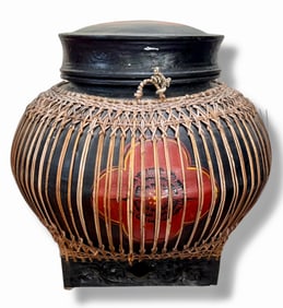 Burmese Red & Black Lacquered Bamboo Rice Storage Basket / Container w/ Lid