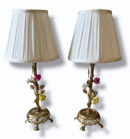 Antique French Porcelain Flowers Boudoir Lamps, Pair