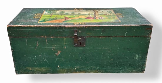 Folk Art Hand-Painted Scenic Wood Toy Storage Chest, 1940s