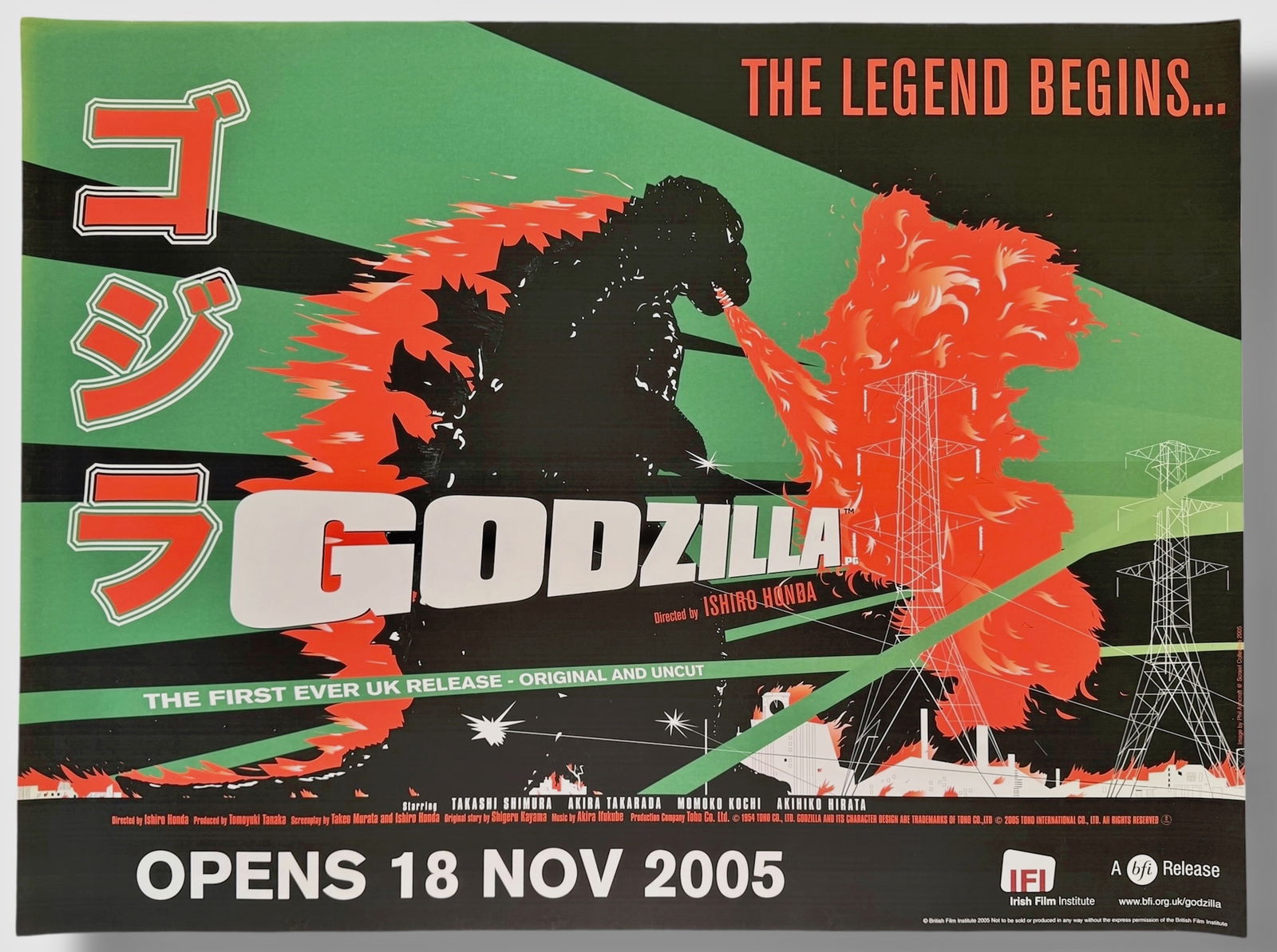 Vintage Movie Poster GODZILLA THE LEGEND BEGINS: GODZILLA, THE FIRST EVER UK RELEASE, ORIGINAL AND UNCUT. 2005 re-release UK. Director: Ishiro Honda. 2005 TOHO INTERNATIONAL CO., LTD (view lower margins). Dimensions: Quad (30 x 40) inches. Condition