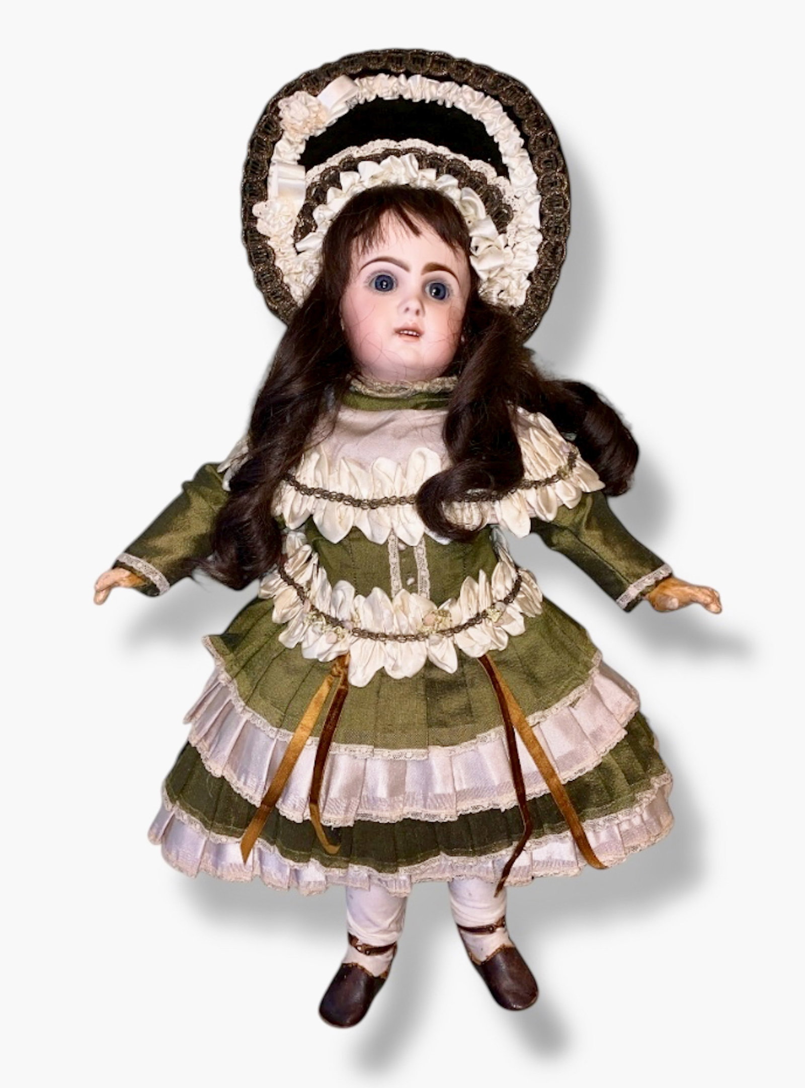 ANTIQUE FRENCH DEPOSE TETE BEBE JUMEAU BISQUE DOLL 23": 23” French Depose Tête Bebe Jumeau Bisque Socket Head Dressed Doll. Marked Depose Tête Jumeau Bisque Socket Head Doll. Her bisque socket head has its original cork pate and on her original sta