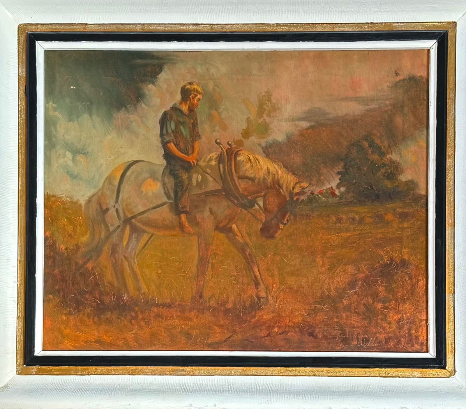 William Ward (American, 20th C.) Landscape Painting YOUNG FARMER, 1940s: American landscape painting, signed by the artist, William Ward (lower right). Depicts young boy on horse working the field. Oil on canvas board. Dimensions: framed: 21 1/2 x 25 1/2 inches., canvas bo