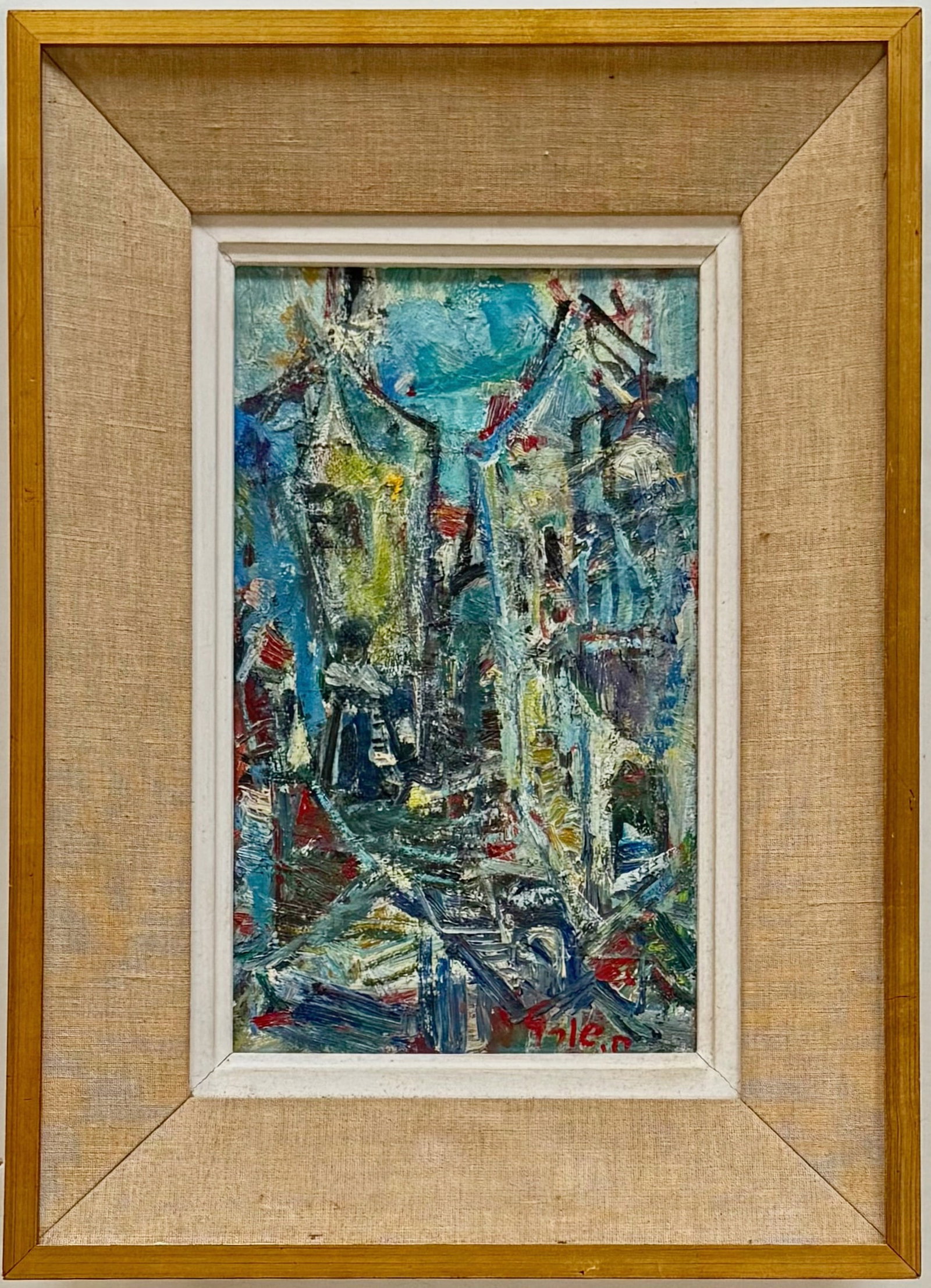 Chaya Schwartz (Polish/Israeli. 1912-2001) Village In Abstraction, Safed / Tzfat: Safed / Tzfat Abstract Village Painting, Signed by the Artist, Chaya Schwartz (lower right). Street view of the artist colony in Safed, Israel. Oil on panel, housed in period custom wood frame. Dimens