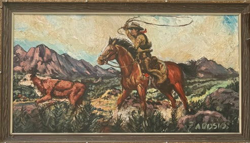 American West Painting "Cowboy Roping A Steer", 1960s
