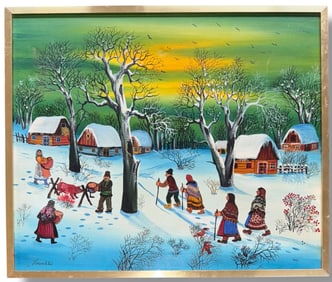 A. Kowalski (Hungarian, b. 1926) Winter Snowscape Folk Art Painting