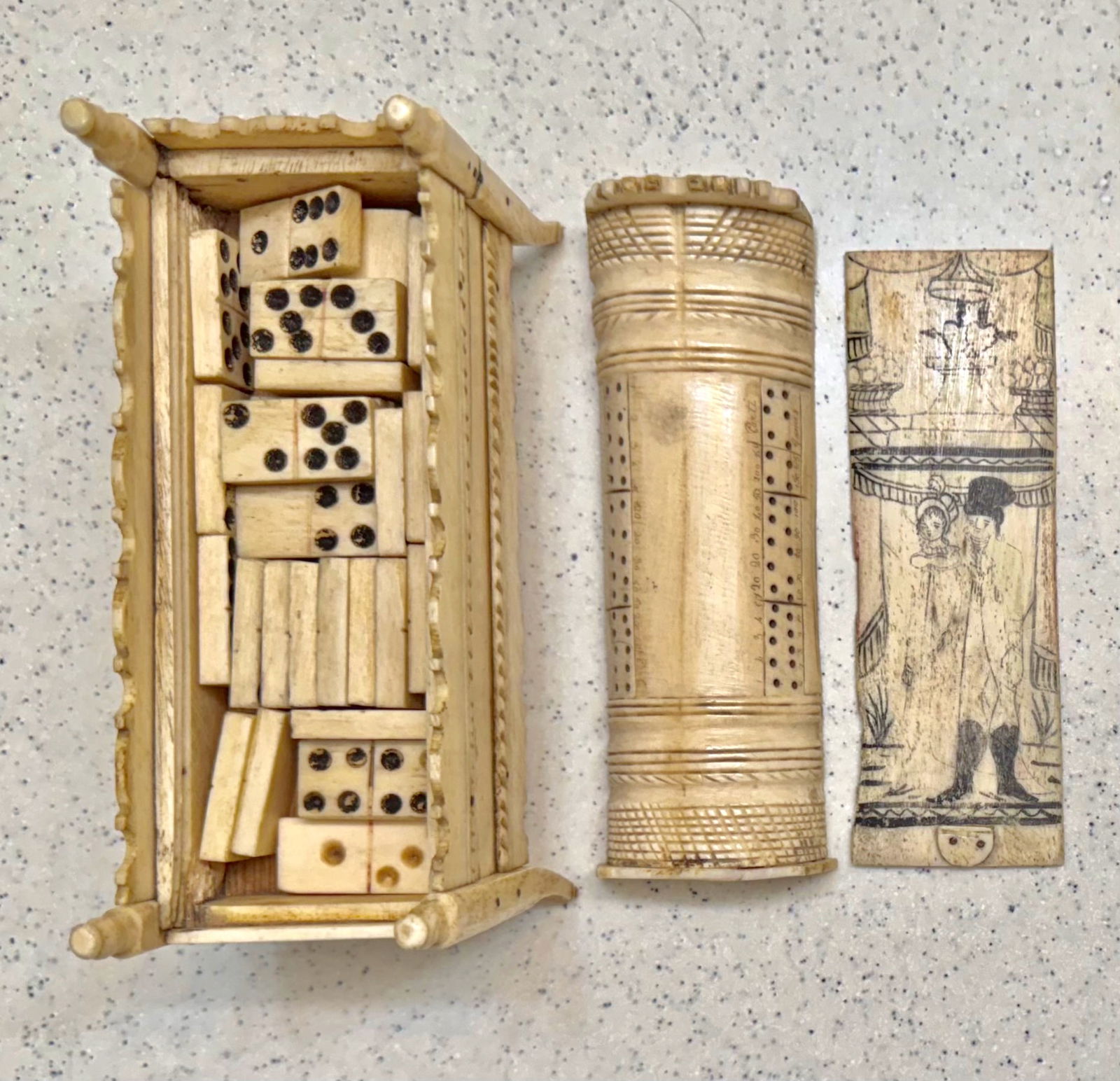 Antique Carved And Etched Chinese Dome Chest of Dominoes: Antique Chinese Carved Bone Chest With Set of 28 carved bone and ebony Dominoes plus 1. Hand carved bone pictorial dome chest, containing the set of dominoes. Dimensions: chest: height 3 1/4 inches.,