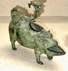 Vintage Cast Bronze Oil Lamp, In The Shape of a Mongoose