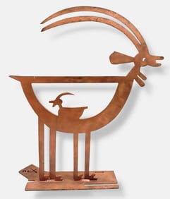 Vintage Southwestern Modernist Cast Iron Sculpture "IBEX with KID", Signed