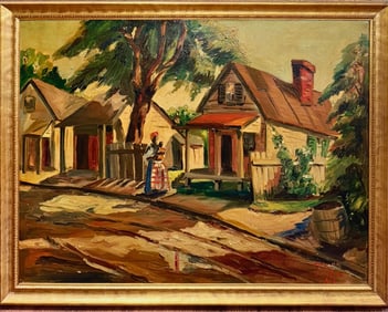 American Southern Rural Village Figurative Oil Painting, Signed, 1941