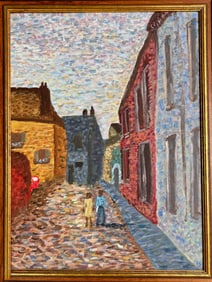 Urban Pointillist Impressionist Oil Painting, 1960s