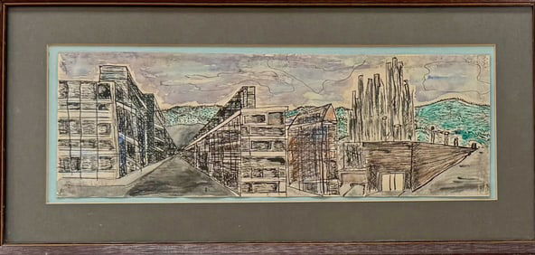 Mid-Century Modernist Cityscape Drawing, Artist Signed