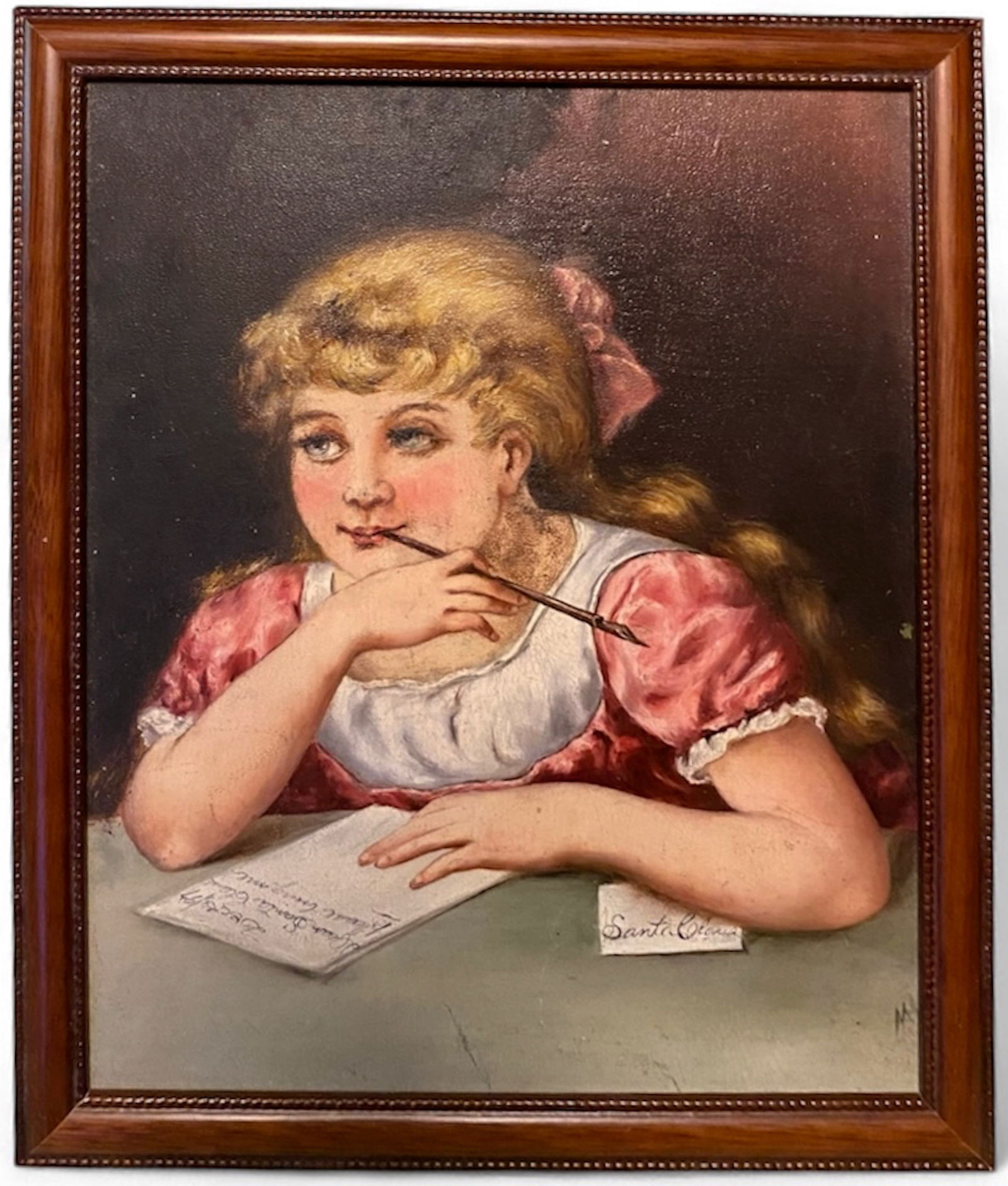 Victorian Oil Painting  "DEAR SANTA"    M.H. 1897 (1 of 5)