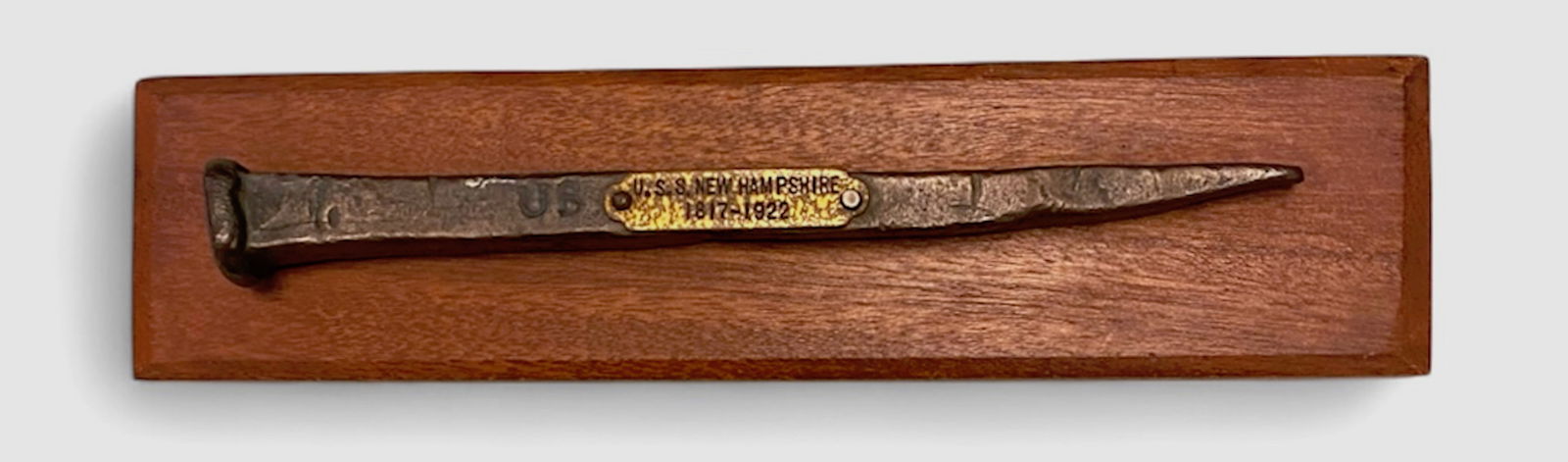 SHIPWRECK RELIC FROM THE U.S.S. NEW HAMPSHIRE 1817-1922, UNITED STATES: SHIPWRECK ARTIFACT. Original copper spike made by the Paul Revere foundry between 1816-1818. Found in the wreckage of the U.S.S. New Hampshire which began as the Alabama, Authorized by Congress in 181