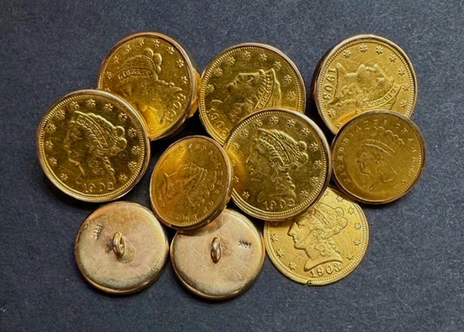 18k Gold American Liberty Replica 1902 & 1903 Coin Buttons On 14k Gold Shanks (10): Ten 18K Gold American Liberty Replica Coin Face Buttons on 14K Gold Soldered Shanks. Jeweler separated the 18k replica coin face from the 14k shanks (view photo). Each shank is marked 14k and the repl