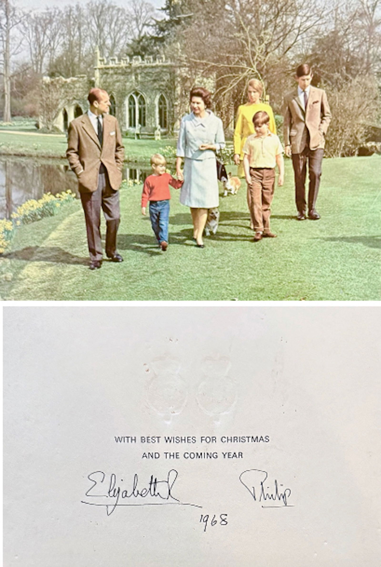 Royal Family Christmas Card, Queen Elizabeth II & Prince Philip, Signed, 1968: Christmas Card Wishes From The Royal Family, 1968. Features Prince Philip, Prince Edward, Queen Elizabeth, Prince Andrew, Princess Anne & Prince Charles, 1968. Signed Elizabeth R 1968 Philip. Twin gil