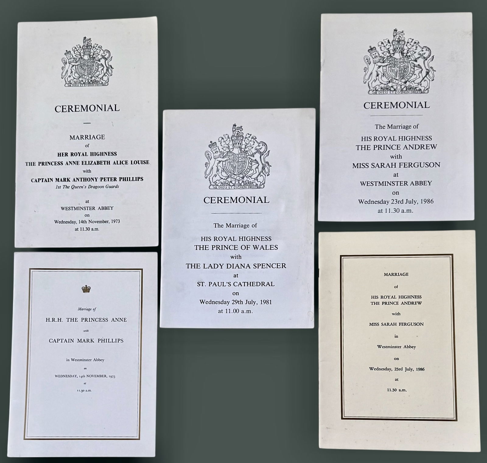 CEREMONIAL MARRIAGE PROGRAMS OF QUEEN ELIZABETH & PRINCE PHILLIP'S CHILDREN (1 of 4)