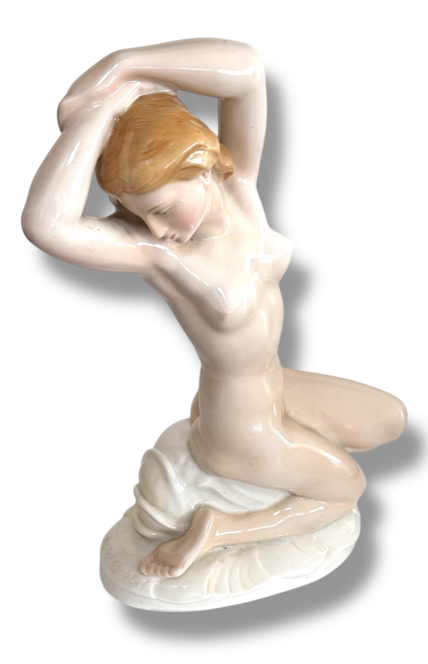 August Wilhelm Goebel BATHING NUDE, Germany, ca. 1930s: August Wilhelm Goebel (German, 1883-1970). August Wilhelm Goebel for Karl Ens, "Bathing Nude". Porcelain figure of a bathing nude resting on a large lily pad. Artist name on side of base A.W. Goebel,