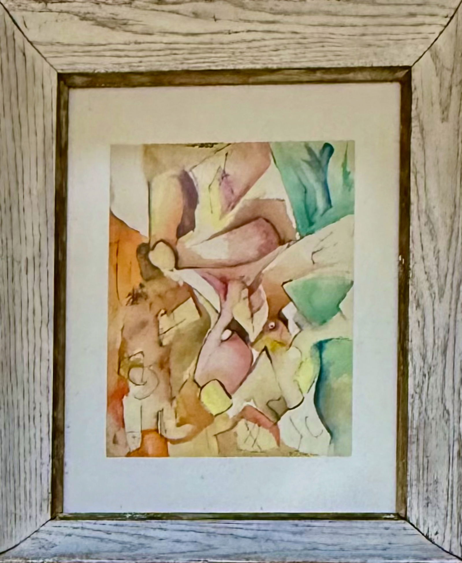 American Abstract Watercolor, Andrea Sellinger, 1960s: Mid-Century Abstract Cubist Watercolor, Signed on Verso By The American Artist, Andrea Sellinger. Forms in abstraction. Watercolor on cream wove paper. Housed in period wood frame under glass. Dimensi