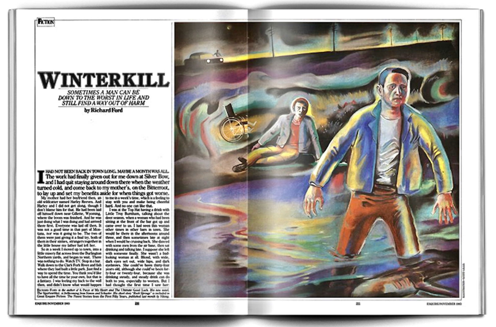 Scott Gillis (American, 20th C.) WINTERKILL, Richard Ford 1983: Author Richard Ford (American, b. 1944). Artist Illustrator Scott Gillis, original published painting for Richard Ford short story WINTERKILL, published in Esquire Magazine, November, 1983 Issue (late