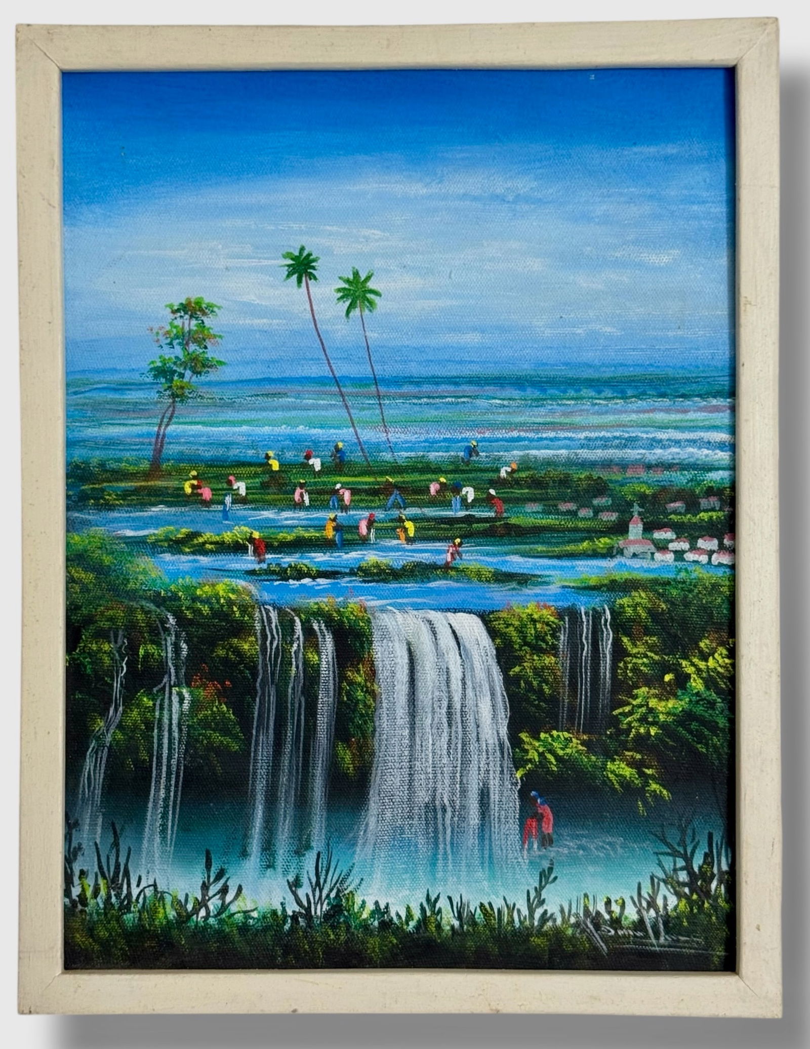 Haitian Folk Art Painting, Rural Village Landscape, Signed: Haitian Folk Art Painting, Signed by The Artist (lower right). View of a jungle farming village with waterfall. Framed oil on canvas. Dimensions: Framed: 17 1/4 x 13 1/4 inches. Canvas: 16 1/4" x 12 1